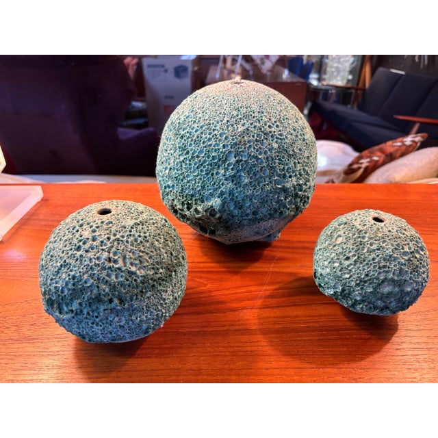Michael Hamlin Set of 3 Ceramic Round Vases with heavy blue glaze. Sculptural orbs that look great with or without flowers!