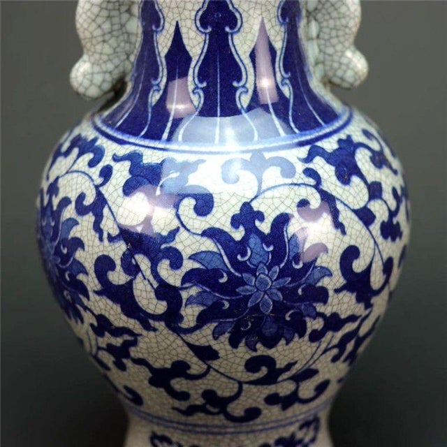 Large Chinese Blue and White Vase With Crackle Glaze and Handles For Sale In New York - Image 6 of 6