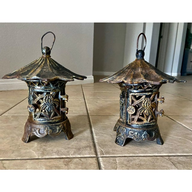 Pair Antique Chinese Iron Pagoda Garden Candle Lanterns For Sale In Palm Springs - Image 6 of 13