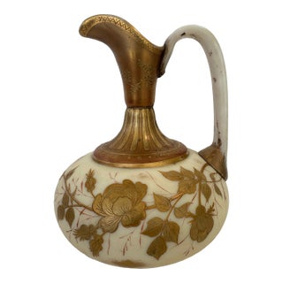 1800s Thomas Webb & Sons English Opaline Overlay Ewer With Hand-Gilded Floral Design For Sale