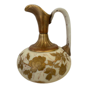 1800s Thomas Webb & Sons English Opaline Overlay Ewer With Hand-Gilded Floral Design