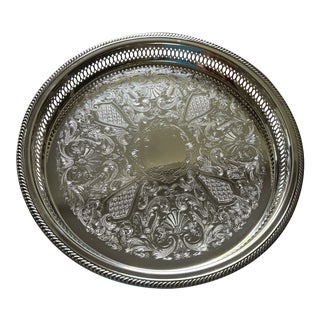Vintage Round Etched Silverplated Gallery Tray For Sale