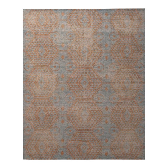 Rug & Kilim’s Oversized Honeycomb Rug in Blue and Burnt Orange, 12x15 For Sale