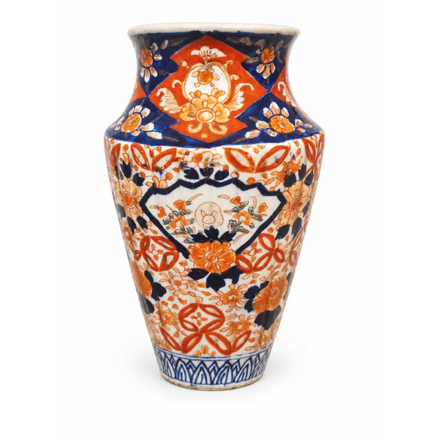 Imari Porcelain Antique 19th Century Japanese Imari Porcelain Vase— Hand-Painted Cobalt, Iron-Red & Gilt — Ribbed Form For Sale - Image 4 of 10