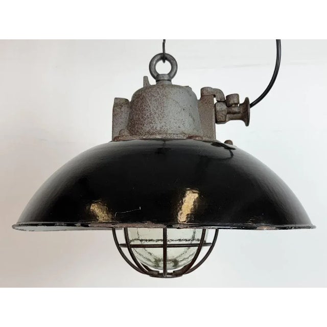 Industrial Black Enamel and Cast Iron Cage Pendant Light from Elektrosvit, 1960s For Sale - Image 6 of 18