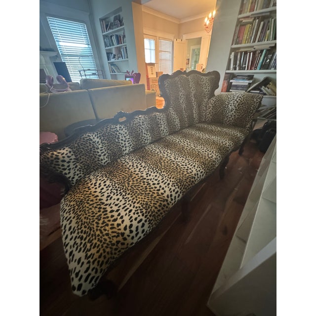 Wood Vintage Rococo Revival Leopard Chaise Lounge. Hand Carved Wood. Professionally Upholstered. Hand Carved Wood. Professionally Upholstered. For Sale - Image 7 of 10