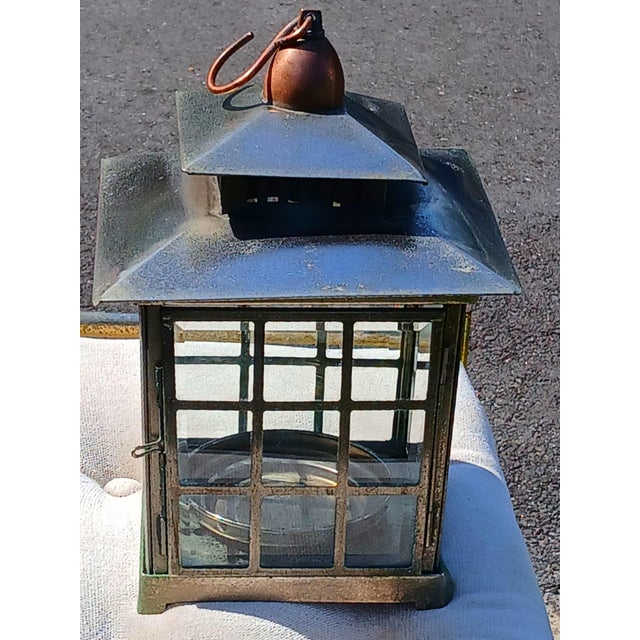 Gorgeous old copper brass and glass candle holder Lantern. Great patina. No cracks or chips to glass