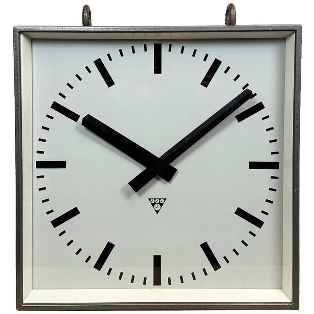 Large Industrial Square Double-Sided Factory Hanging Clock from Pragotron, 1970s For Sale