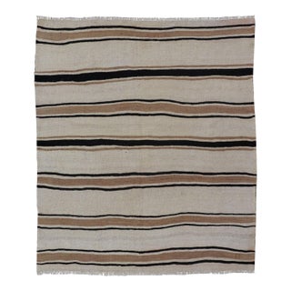 Turkish Vintage Kilim Rug With Ivory Field and Warm Brown Stripes For Sale