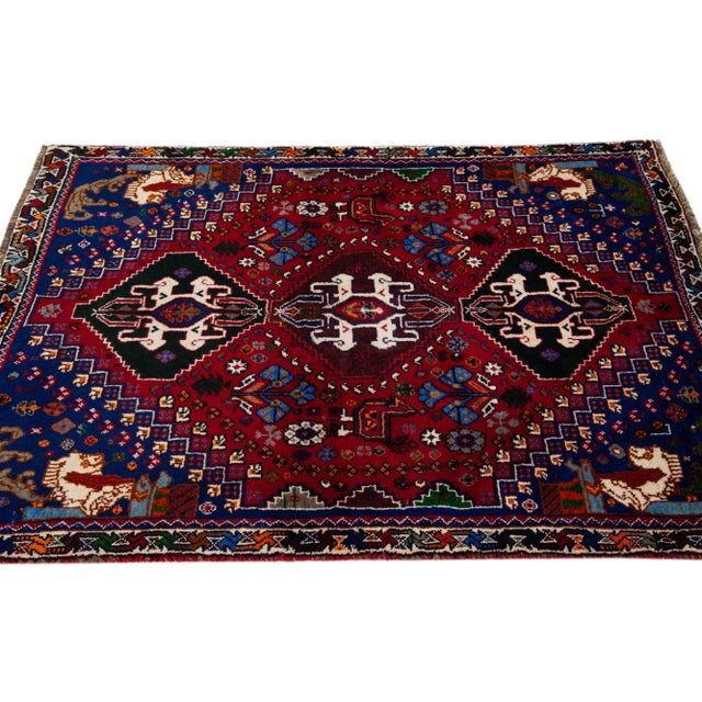 1960s 1960s Vintage Handmade Shiraz Red Geometric Wool Rug For Sale - Image 5 of 7