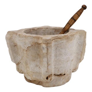 Antique 18th Century Large Marble Mortar and Wooden Pestle - 2 Pieces For Sale