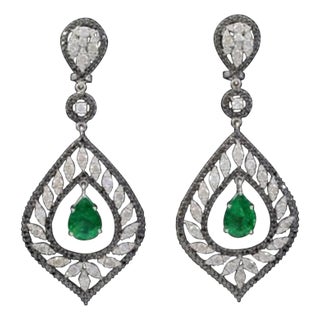 GIA Certified 6 Ct Zambian Pear Shape Emerald Diamond Drop Earrings 18Kt W Gold For Sale