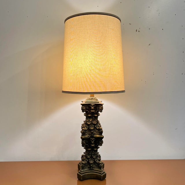 Brutalist Mid-20th Century Large Ornate Gold and Bronze Lamp Plaster Column For Sale - Image 3 of 12