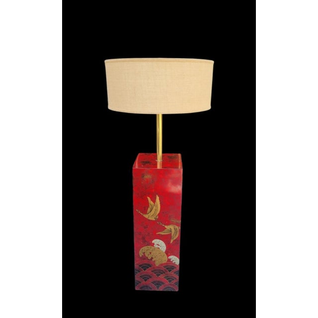 Chinoiserie Rare Vintage Chinoiserie Red Lacquered Pedestal Bird Floor Lamp With Huge Linen Shade For Sale - Image 3 of 12