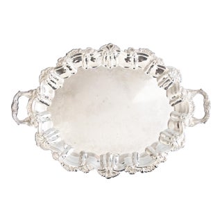 Vintage Silver Plate Scalloped Shell Footed Serving Tray With Handles For Sale