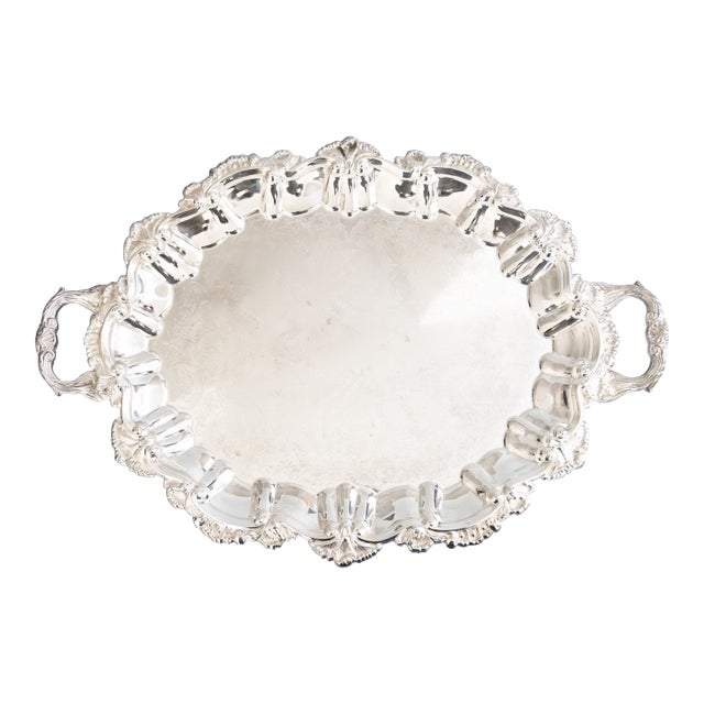 Vintage Silver Plate Scalloped Shell Footed Serving Tray With Handles For Sale