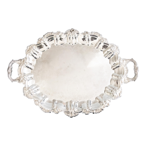Vintage Silver Plate Scalloped Shell Footed Serving Tray With Handles
