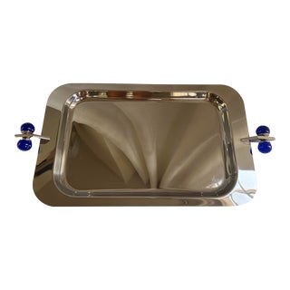 Mid Century Modern Space Age Godinger Stainless Steel Serving Tray With Blue Glass Handles For Sale