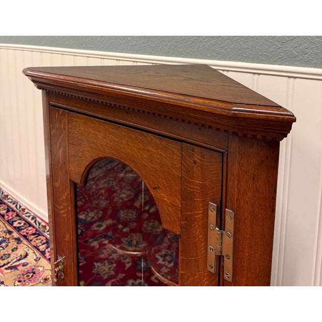 Antique English Corner Cabinet Carved Oak Hanging Wall Cabinet Storage c.1920s For Sale - Image 14 of 18
