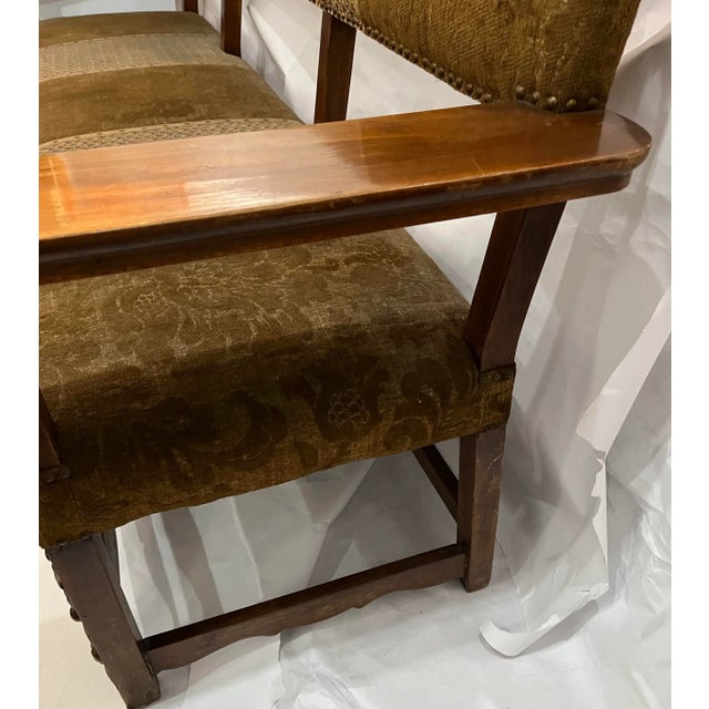 Arts & Crafts Vintage 1920 Large Upstate New York Carved & Upholstered Church Bench For Sale - Image 3 of 13