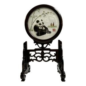 1990s Chinese Double-Sided Silk Embroidered Panda With Baby In-Display Rosewood Stand