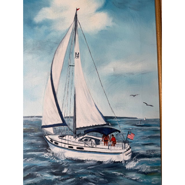 1970s Vintage R. Fisher Sailboat Oil on Canvas Painting – Framed For Sale - Image 9 of 12