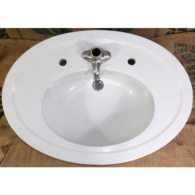 Antique 1918 Trenton Potteries Company Impervio Large Vitreous China Pedestal Sink With Rare Faucet For Sale - Image 4 of 18