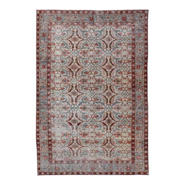 Antique Persian Tabriz Floral Circular Design in Ivory, Lt. Blue, Red, Brown 7'3 X 11'3 For Sale