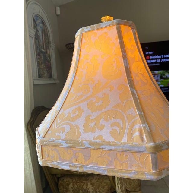 Vintage Table Lamp Gold Tone Traditional Hollywood Regency Decorative Table Lamp Vintage Lighting Floral Motif Damask Shade For Sale In Naples, FL - Image 6 of 9
