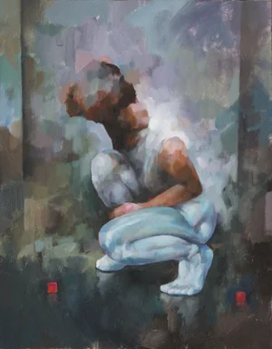 Glenn Ibbitson "Figure With Red Cubes" Contemporary Figurative Oil Painting 2020