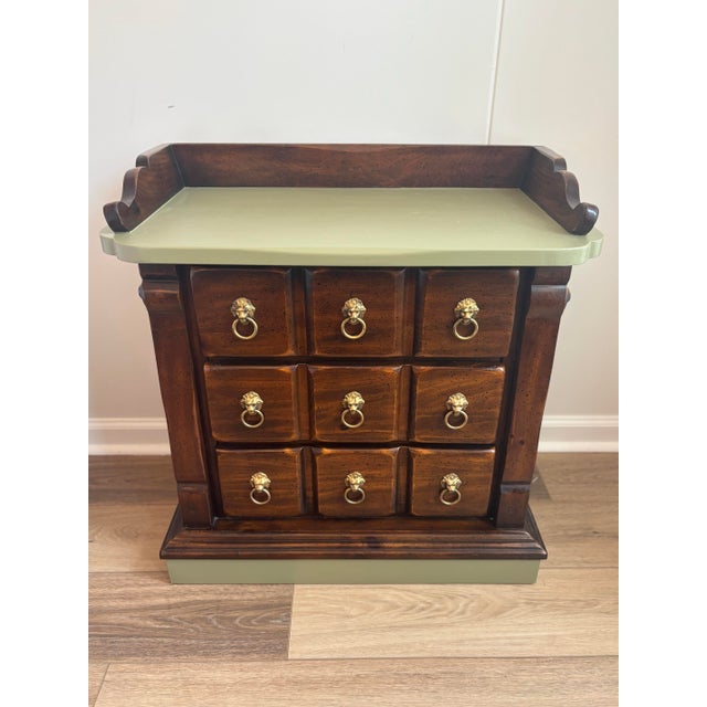 Mid-Century Modern Vintage Lion 3-Drawer Nightstand - Dark Wood, Olive Sage Green, Gold Pulls For Sale - Image 3 of 12