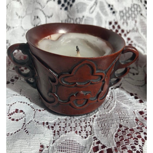 Two 1940’s Chinese carved lacquer wood cups or brush pots. They are now used to be candle holders or decor items.