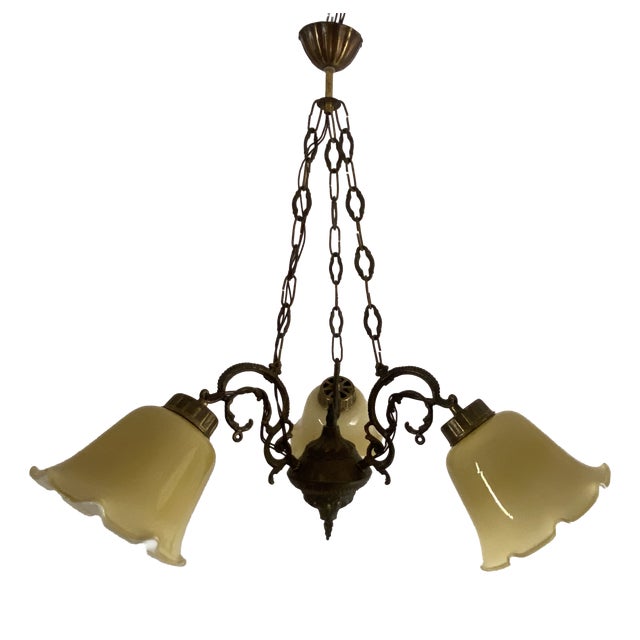 Vintage Art Nouveau Revival Three-Light Chandelier with Opaline Glass Shades, Yugoslavia, 1960s For Sale