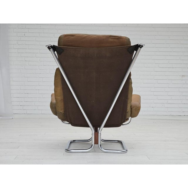 Mid-Century Modern Norwegian Armchair in Leather, Chrome Steel, Teak Wood & Canvas by Harald Relling for Westnofa, 1970s For Sale - Image 3 of 18