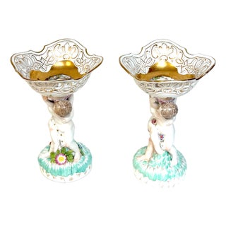 Pair KPM Berlin Rococo Revival Porcelain Figural Tazza, Reticulated Gilt Bowls For Sale