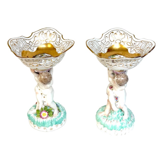 Pair KPM Berlin Rococo Revival Porcelain Figural Tazza, Reticulated Gilt Bowls For Sale