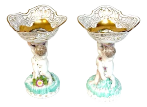 Pair KPM Berlin Rococo Revival Porcelain Figural Tazza, Reticulated Gilt Bowls