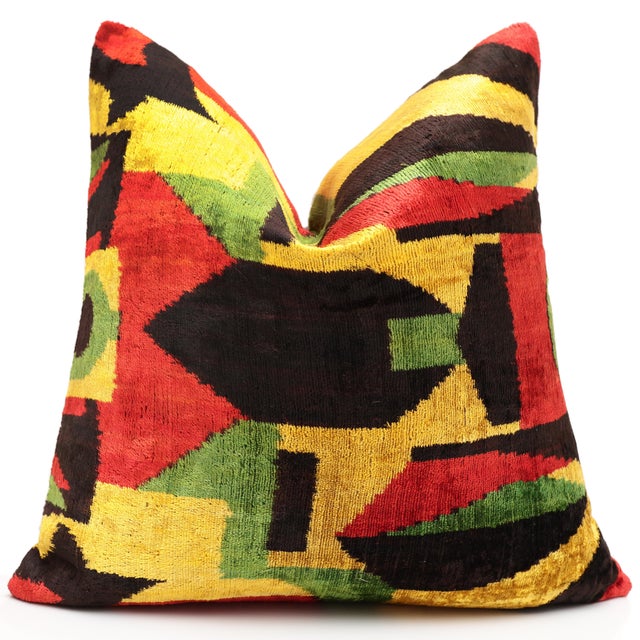 Hand-Knotted Silk Velvet Ikat Pillow - 16x16 Bold Bauhaus Multi For Sale - Image 4 of 8