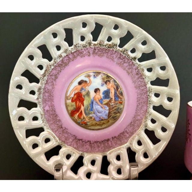 1940s Vintage Royal Halsey Teacup & Saucer: Gilded Pastoral Scene, Reticulated Saucer For Sale - Image 5 of 8