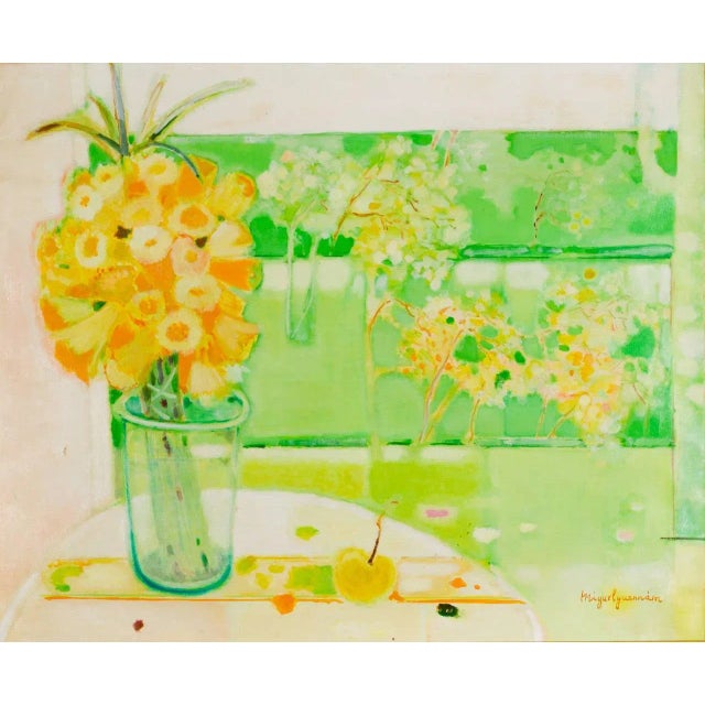 Mid-Century oil on canvas by Miguel Guzman entitled "Bouquet de Jonquilles," signed and dated 1968. Framed with original...