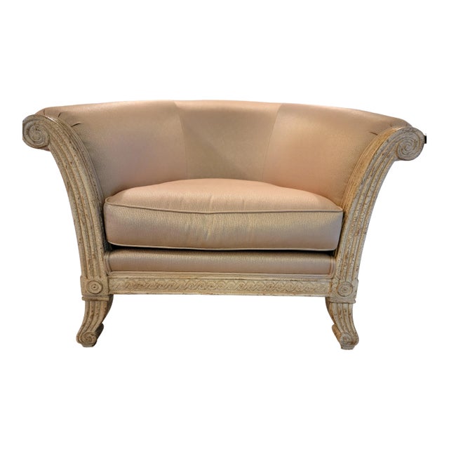 Custom Imported Italian Occasional chairs with classic lines. Antiqued distressed finish, textured upholstery with...