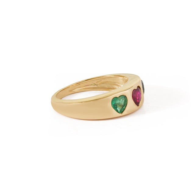 Metal 14k Yellow Gold Heart Emerald Ruby Sapphire Dome Band Gypsy-Set Ring Size 4 For Sale - Image 7 of 17