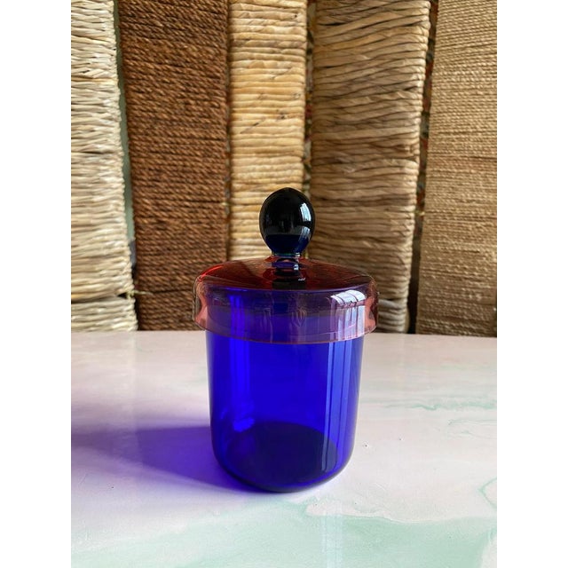 Handmade Blue, Pink and Black Glass Lidded Jar by Erik Höglund for Nordiska Kompaniet, 1992 For Sale - Image 9 of 14