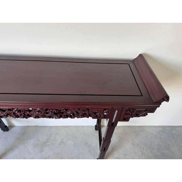 1980s Vintage Chinese Rosewood Altar Console Table – Scroll Top With Hand-Carved Dragon Apron For Sale - Image 5 of 12