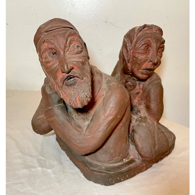 1920s Large Antique Handmade Terracotta Jewish Judaica Man Lady Pottery Sculpture For Sale - Image 5 of 14