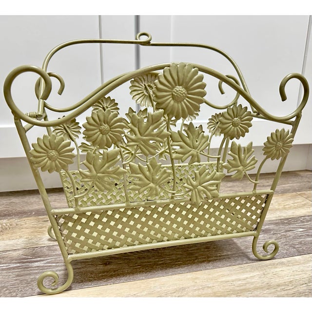 Shabby Chic Vintage Late 20th Century Wrought Iron Floral Magazine Rack With Daisy & Leaf Metalwork- Cottage Shabby Chic Décor For Sale - Image 3 of 12