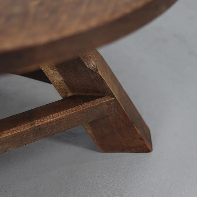 Rustic Large Round Vintage Brutalist Rustic Farmhouse Coffee Table from Oak For Sale - Image 3 of 9