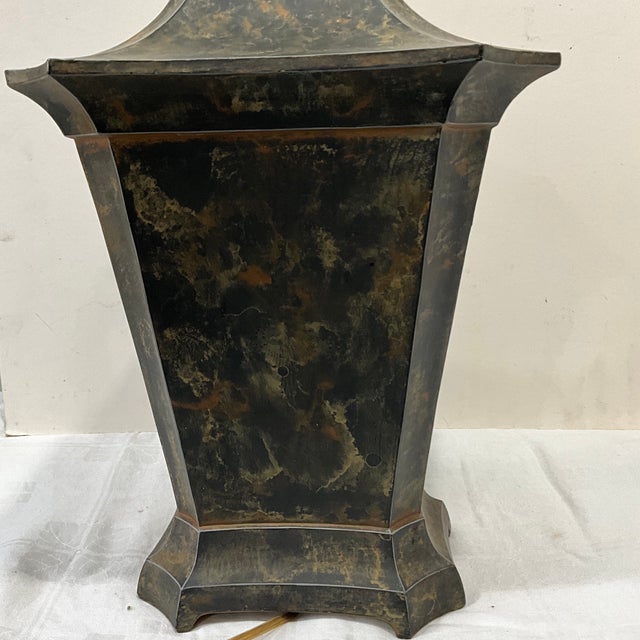 1940s Pagoda Metal Earthy Color Faux Painted Lamp For Sale - Image 9 of 10