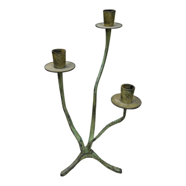 Vintage Verdigris Brass Three-Arm Candelabra | Sculptural Organic Form For Sale