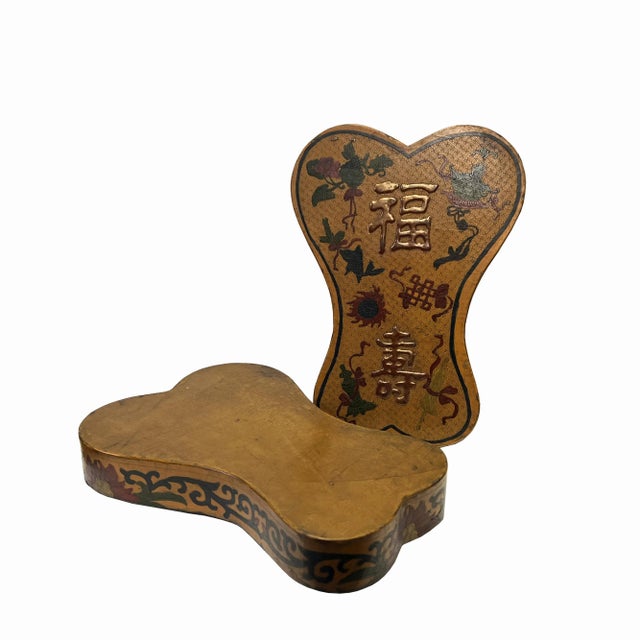 Chinese Distressed Mustard Yellow Treasure Graphic Ribbon Shape Box For Sale - Image 4 of 5